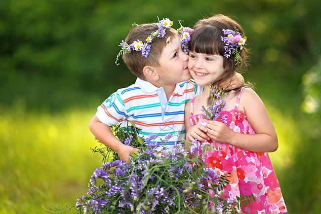 Kids And Pets - Photos On Canvas - Girl Boy Flowers In Hair